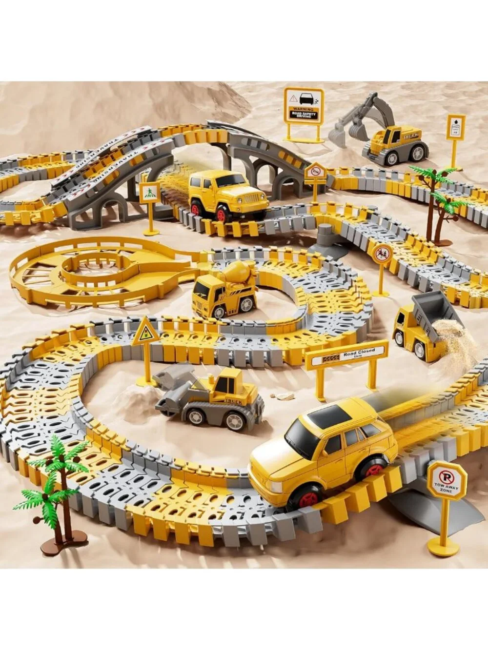 Electric Race Track Set for Toddlers - 2 Cars & 4 Construction Trucks, Gift for